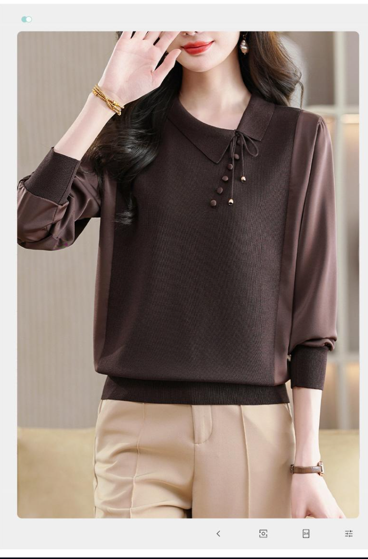 Knit Top for Women — Dark Brown, Layered Collar, Button Detail - image 7
