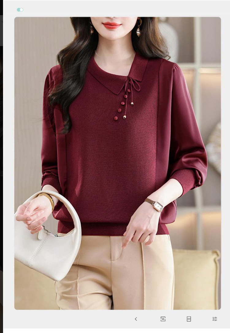 Knit Top for Women — Dark Brown, Layered Collar, Button Detail - image 8