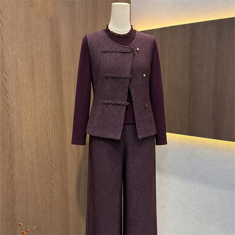 Tweed Vest for Women — Dark Grey, Burgundy, Chinese-style Buttons - image 2