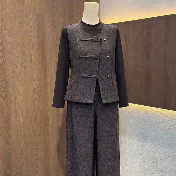 Tweed Vest for Women — Dark Grey, Burgundy, Chinese-style Buttons - image 6
