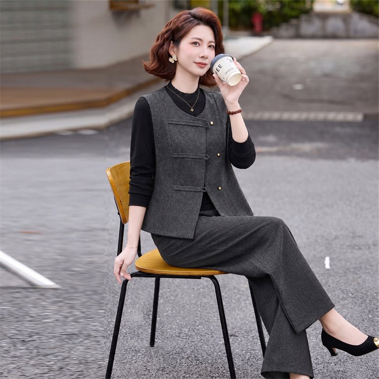 Tweed Vest for Women — Dark Grey, Burgundy, Chinese-style Buttons - image 7