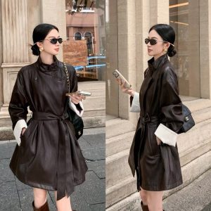 Women's Leather Trench Coat — high collar, belted waist, contrast cuffs - image 1