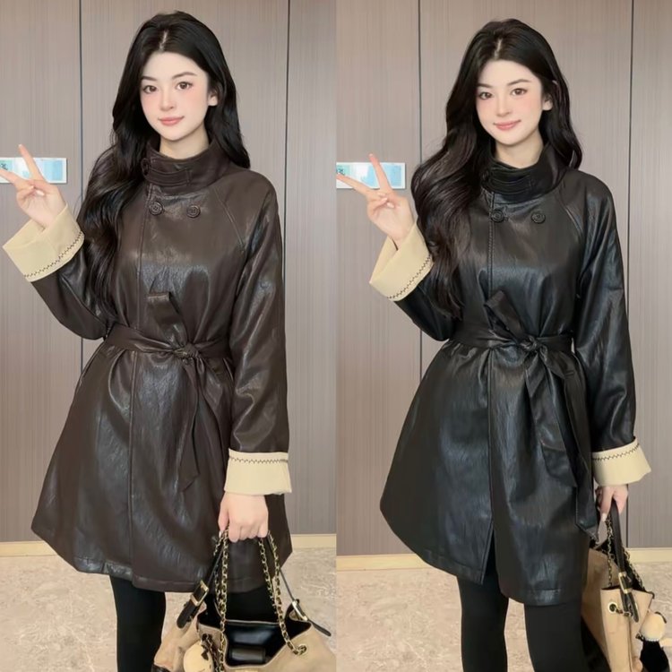 Women's Leather Trench Coat — high collar, belted waist, contrast cuffs - image 3