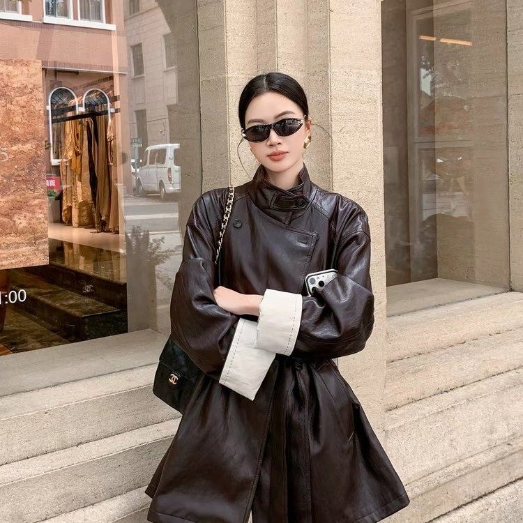 Women's Leather Trench Coat — high collar, belted waist, contrast cuffs - image 4