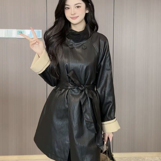 Women's Leather Trench Coat — high collar, belted waist, contrast cuffs - image 5