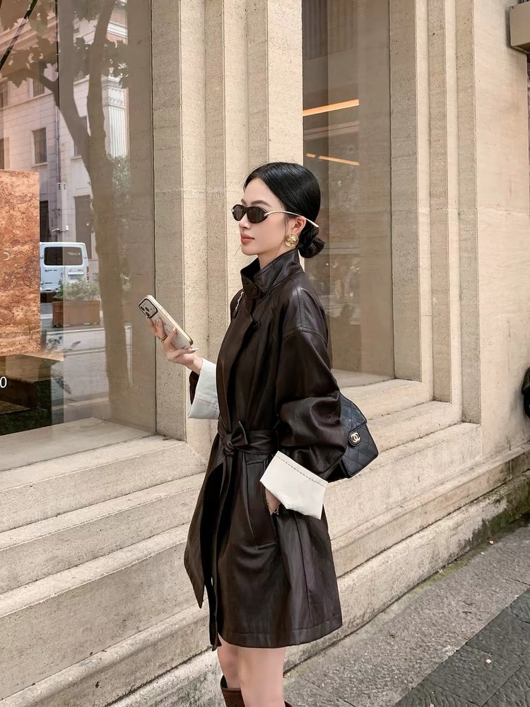 Women's Leather Trench Coat — high collar, belted waist, contrast cuffs - image 6