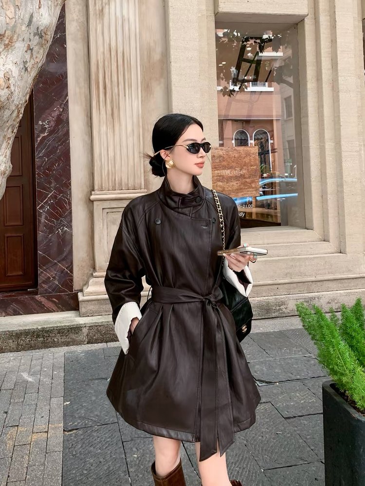 Women's Leather Trench Coat — high collar, belted waist, contrast cuffs - image 7