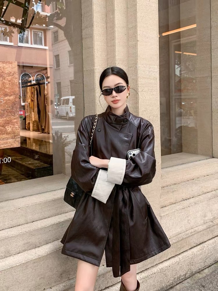 Women's Leather Trench Coat — high collar, belted waist, contrast cuffs - image 8