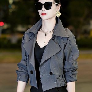 Double-breasted Blazer for Women — Gray, Sparkling Dots, Flared Cuffs - image 1