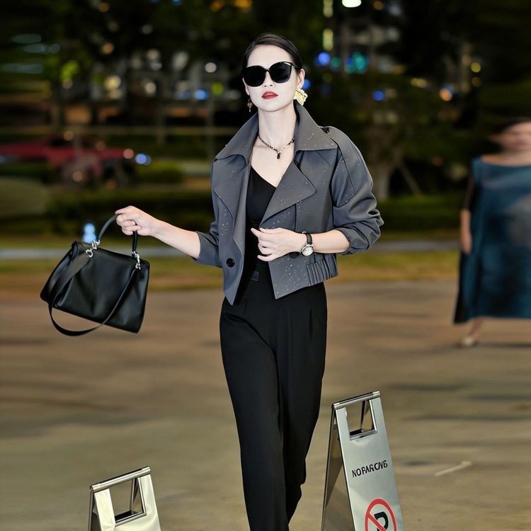 Double-breasted Blazer for Women — Gray, Sparkling Dots, Flared Cuffs - image 4