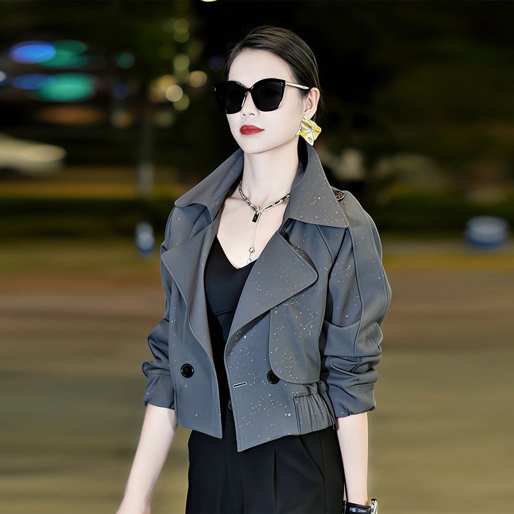 Double-breasted Blazer for Women — Gray, Sparkling Dots, Flared Cuffs - image 5