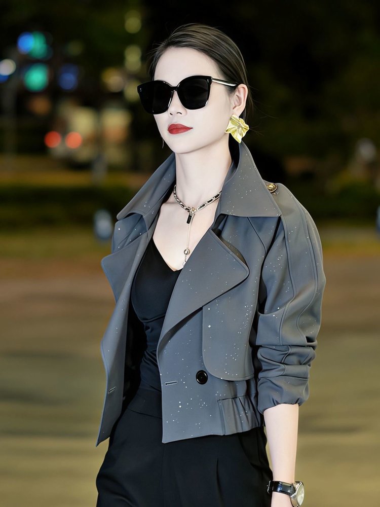 Double-breasted Blazer for Women — Gray, Sparkling Dots, Flared Cuffs - image 6