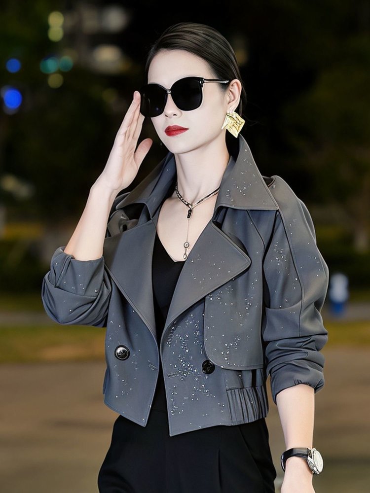 Double-breasted Blazer for Women — Gray, Sparkling Dots, Flared Cuffs - image 7
