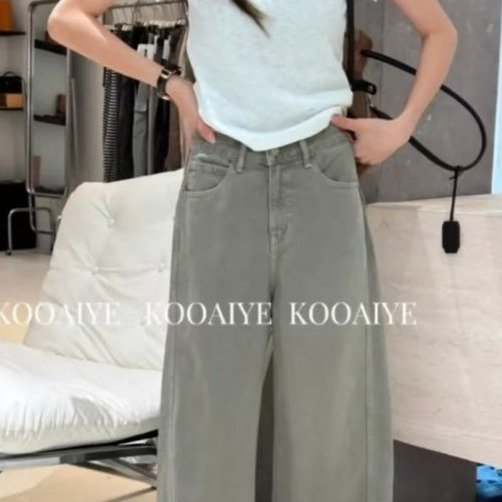 Women's Wide Leg Jeans — High Waist, Olive Green, Loose Fit - image 1