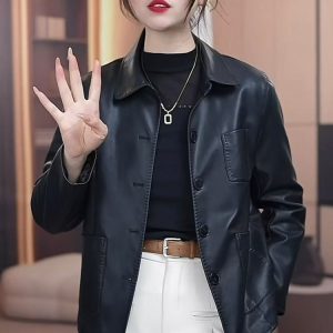 Women's Black Leather Jacket — classic collar, front buttons, side pockets - image 1