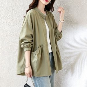 Oversized Shirt Jacket for Women — Olive Green, Ruffled Pockets, Button Front - image 1