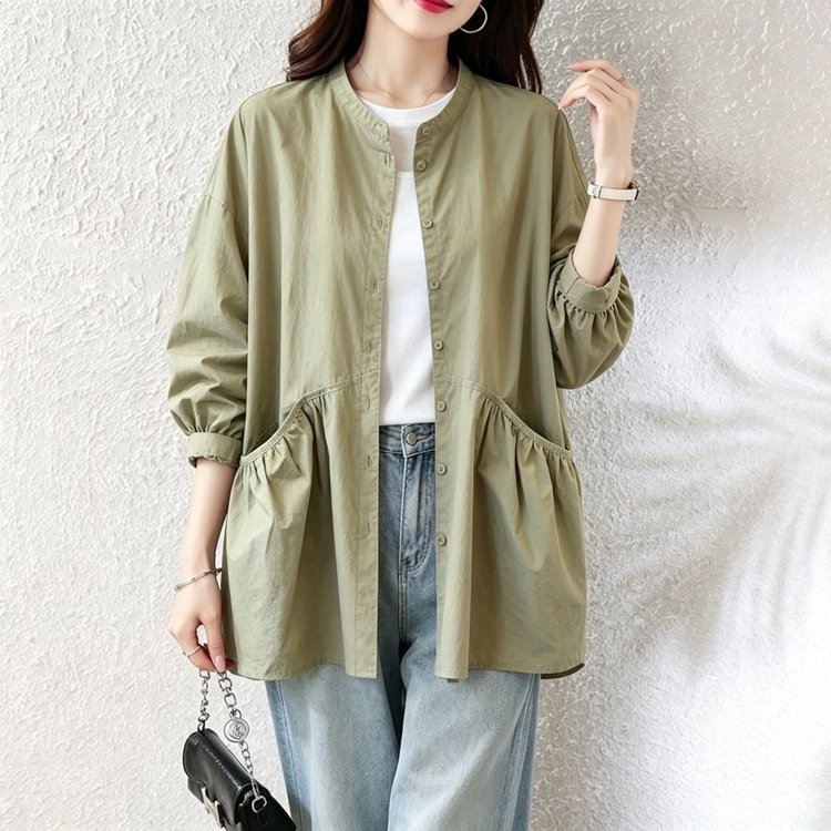 Oversized Shirt Jacket for Women — Olive Green, Ruffled Pockets, Button Front - image 2