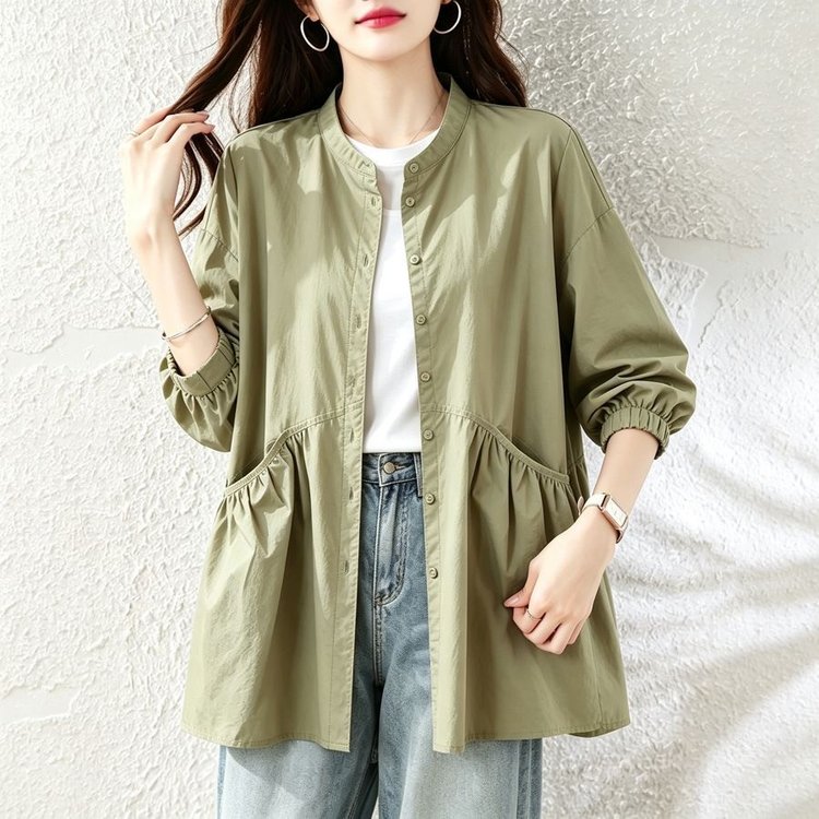 Oversized Shirt Jacket for Women — Olive Green, Ruffled Pockets, Button Front - image 3