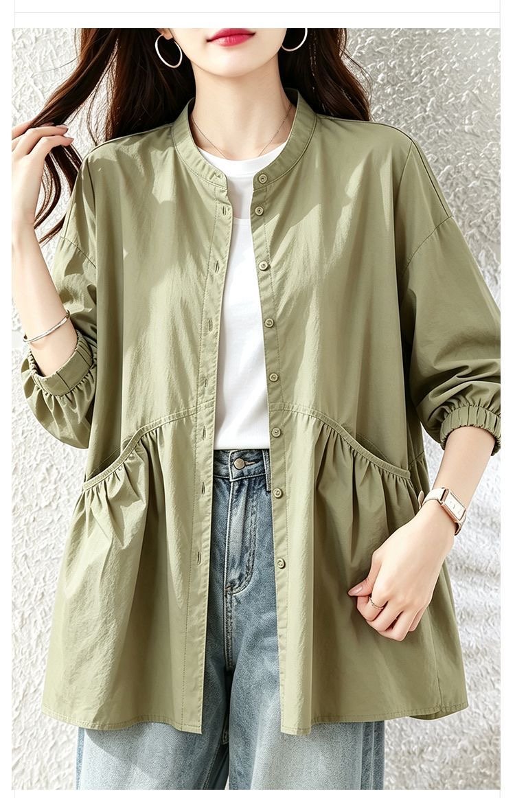 Oversized Shirt Jacket for Women — Olive Green, Ruffled Pockets, Button Front - image 5