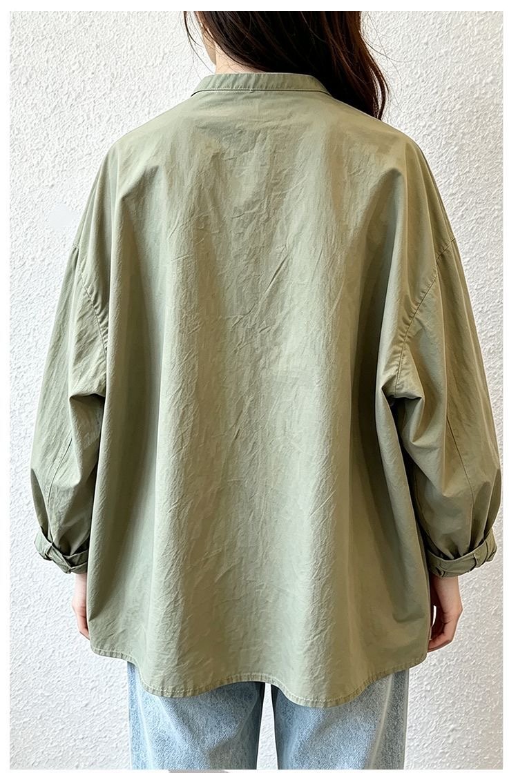 Oversized Shirt Jacket for Women — Olive Green, Ruffled Pockets, Button Front - image 6