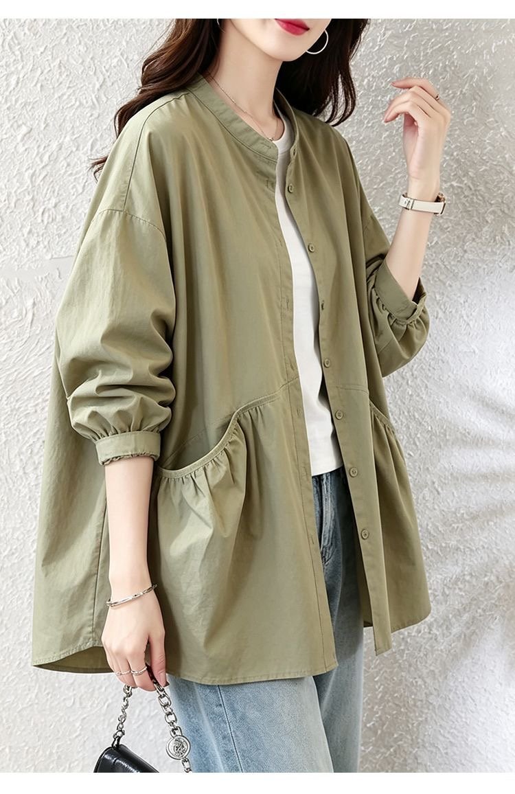 Oversized Shirt Jacket for Women — Olive Green, Ruffled Pockets, Button Front - image 7