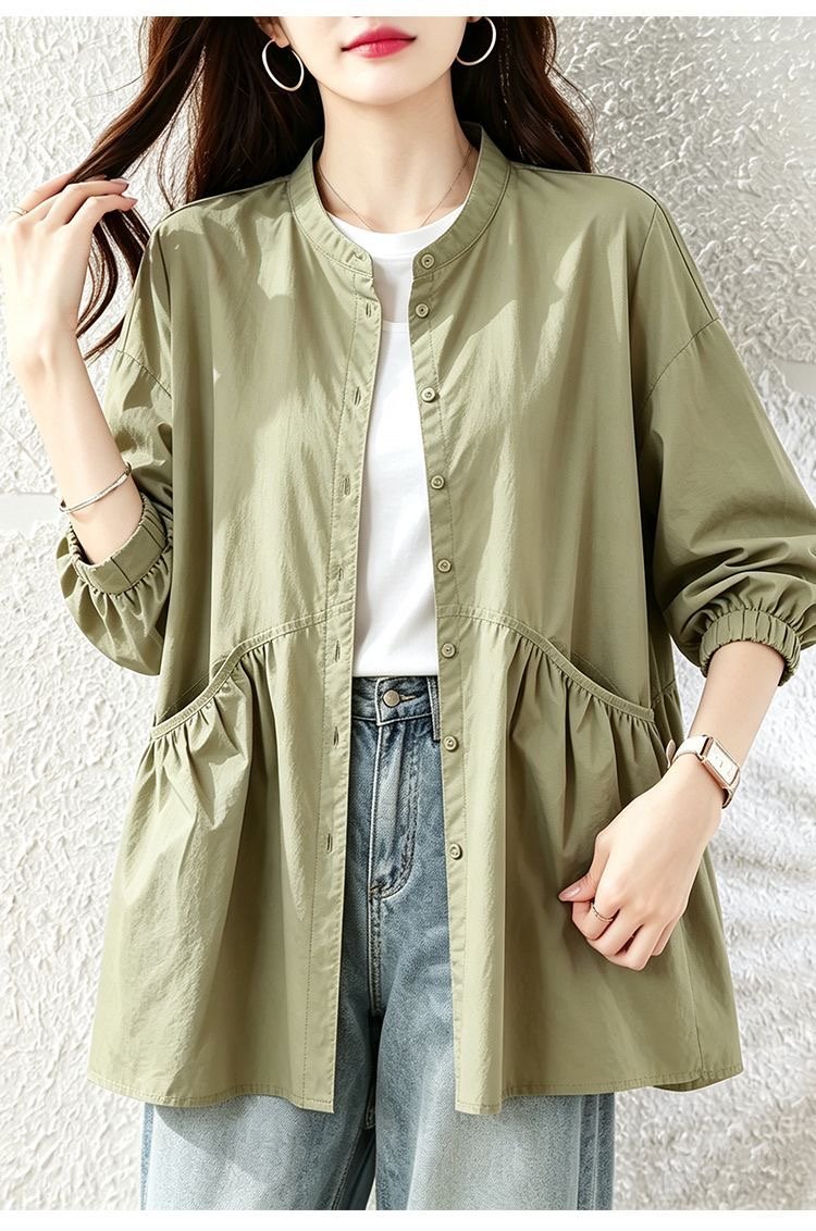 Oversized Shirt Jacket for Women — Olive Green, Ruffled Pockets, Button Front - image 8