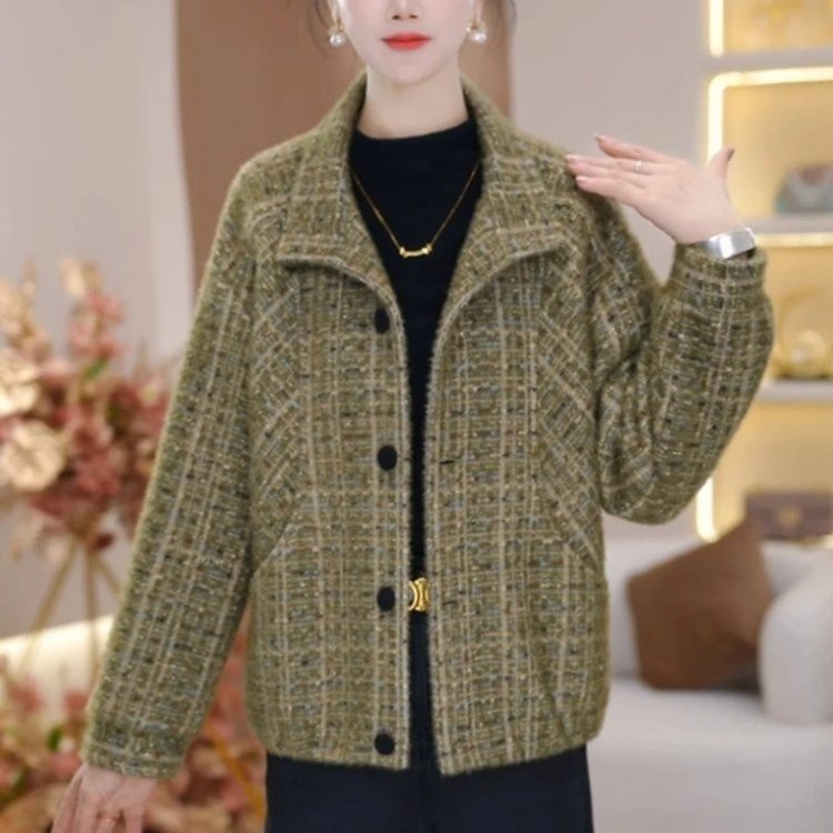 Tweed Blazer for Women — Olive Green, Plaid Pattern, Gold Hardware - image 1