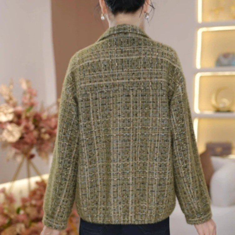 Tweed Blazer for Women — Olive Green, Plaid Pattern, Gold Hardware - image 2
