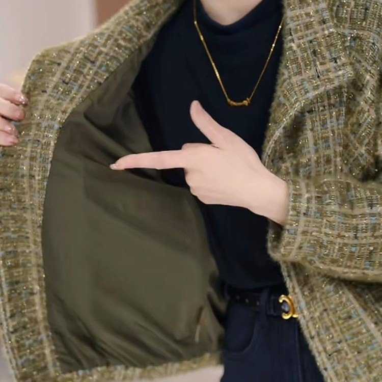 Tweed Blazer for Women — Olive Green, Plaid Pattern, Gold Hardware - image 3