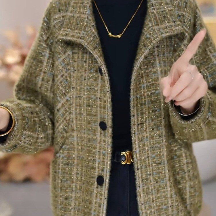 Tweed Blazer for Women — Olive Green, Plaid Pattern, Gold Hardware - image 4