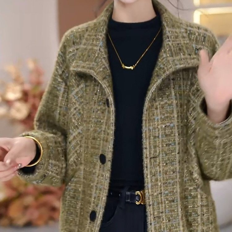 Tweed Blazer for Women — Olive Green, Plaid Pattern, Gold Hardware - image 5