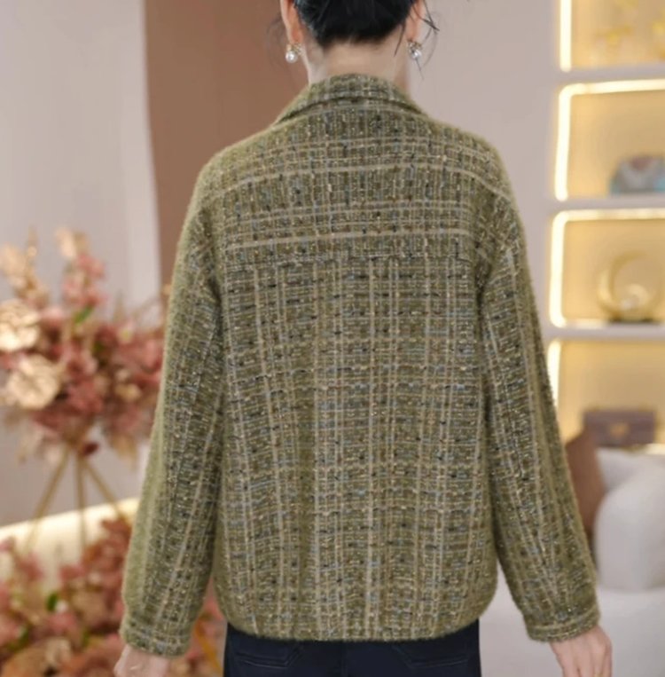 Tweed Blazer for Women — Olive Green, Plaid Pattern, Gold Hardware - image 6
