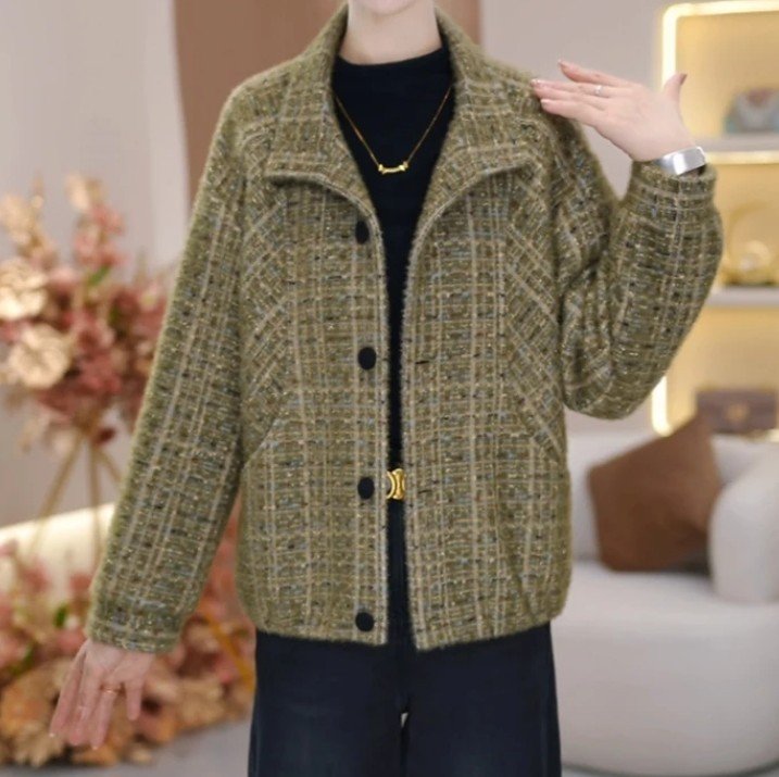 Tweed Blazer for Women — Olive Green, Plaid Pattern, Gold Hardware - image 8