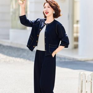 Denim-Style Jacket & Wide-Leg Trousers Set for Women — Navy, Gold Buttons, Contrast Stitching - image 1
