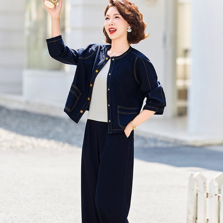 Denim-Style Jacket & Wide-Leg Trousers Set for Women — Navy, Gold Buttons, Contrast Stitching - image 1