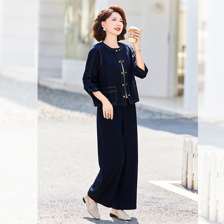 Denim-Style Jacket & Wide-Leg Trousers Set for Women — Navy, Gold Buttons, Contrast Stitching - image 2