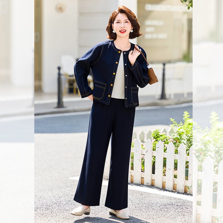 Denim-Style Jacket & Wide-Leg Trousers Set for Women — Navy, Gold Buttons, Contrast Stitching - image 3