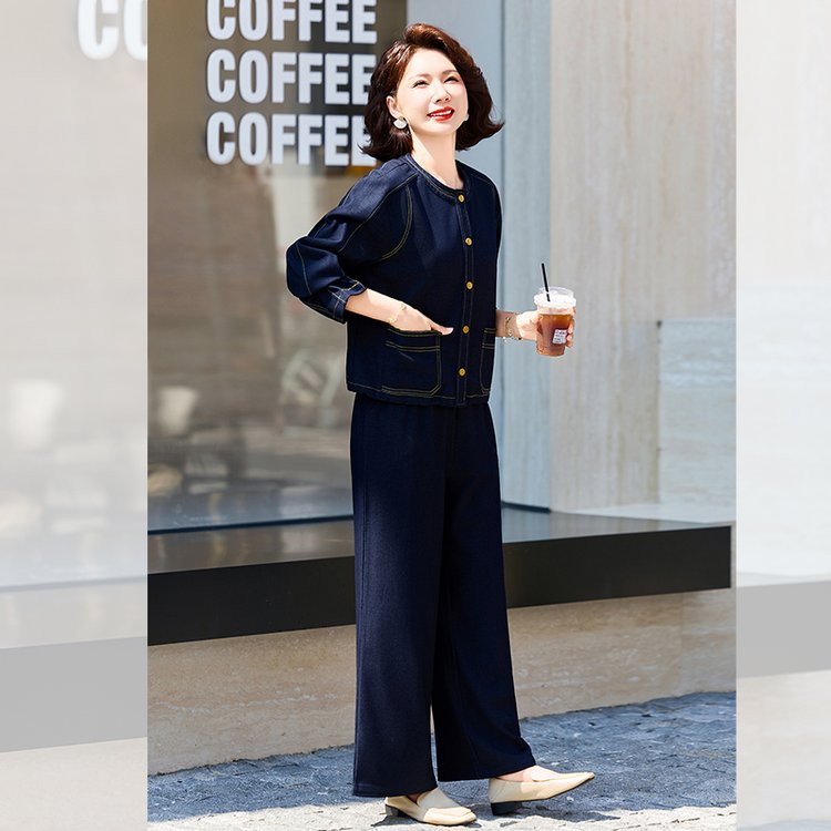 Denim-Style Jacket & Wide-Leg Trousers Set for Women — Navy, Gold Buttons, Contrast Stitching - image 4