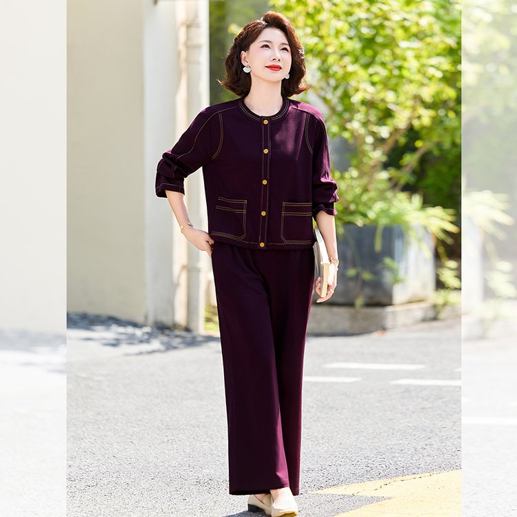 Denim-Style Jacket & Wide-Leg Trousers Set for Women — Navy, Gold Buttons, Contrast Stitching - image 5
