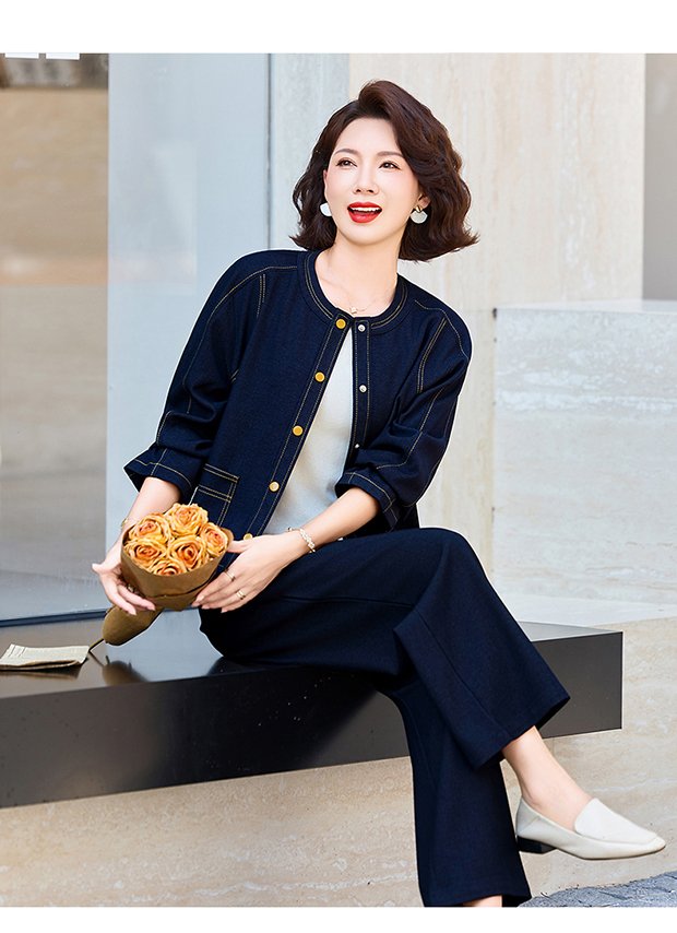 Denim-Style Jacket & Wide-Leg Trousers Set for Women — Navy, Gold Buttons, Contrast Stitching - image 7