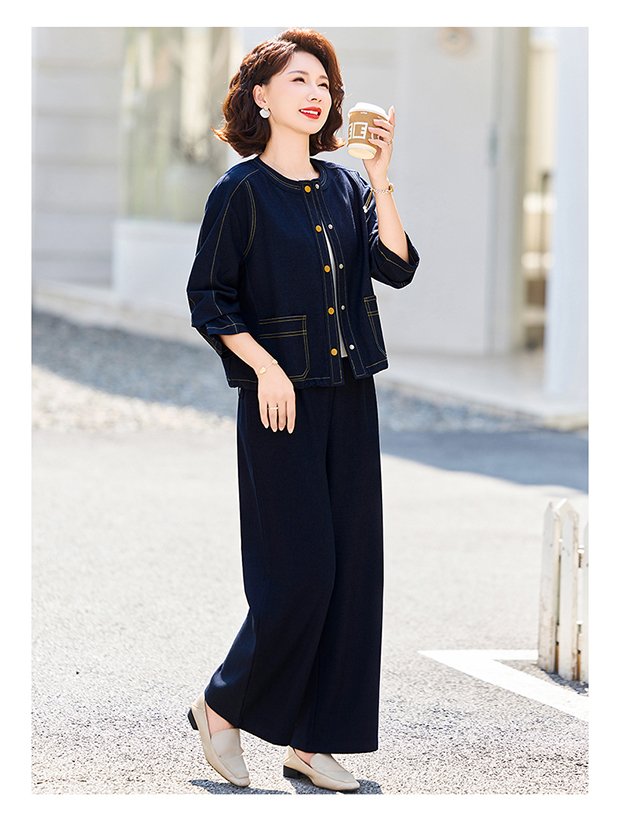Denim-Style Jacket & Wide-Leg Trousers Set for Women — Navy, Gold Buttons, Contrast Stitching - image 8