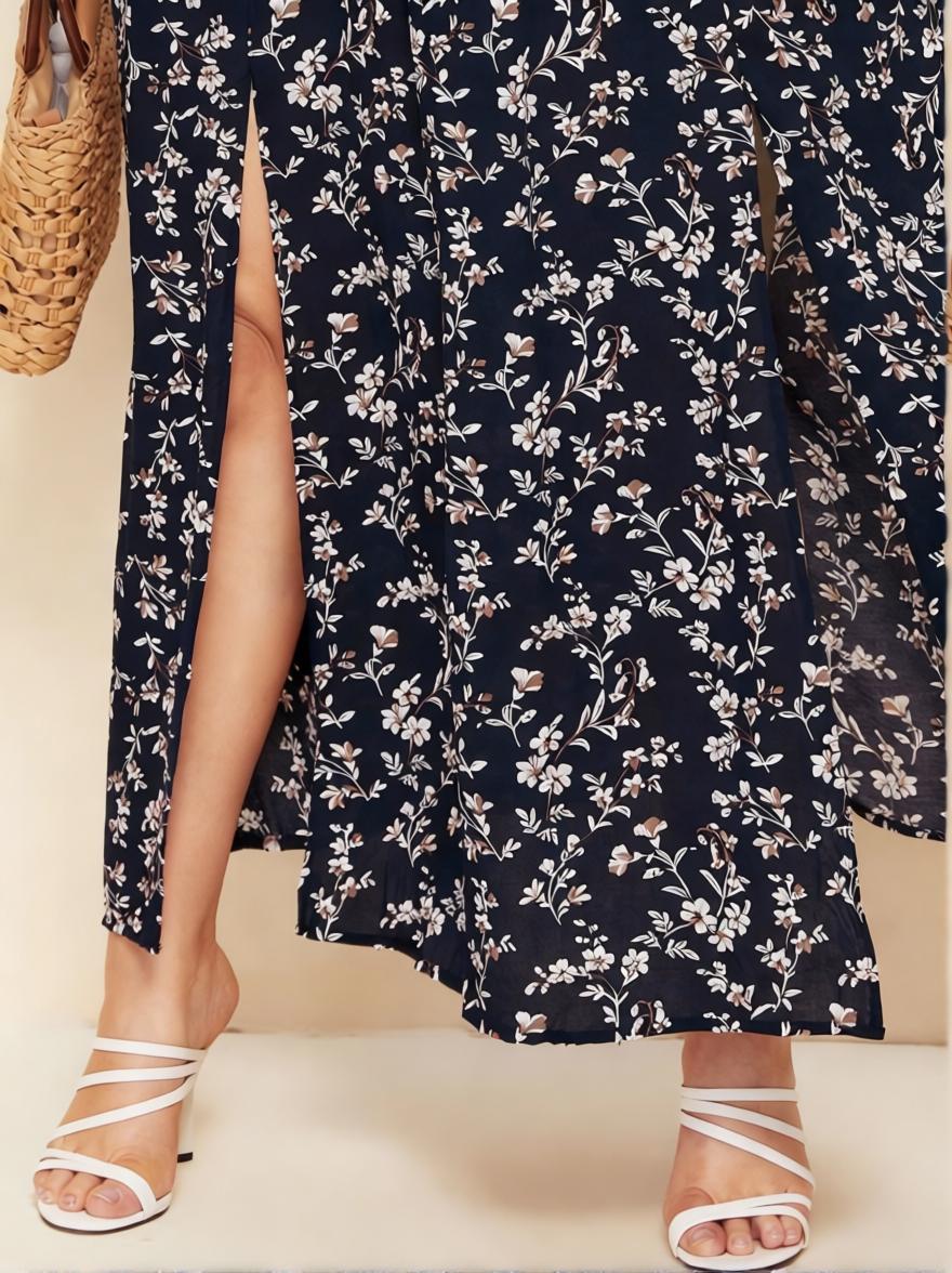 Women’s Floral V-Neck Midi Dress with Side Slit