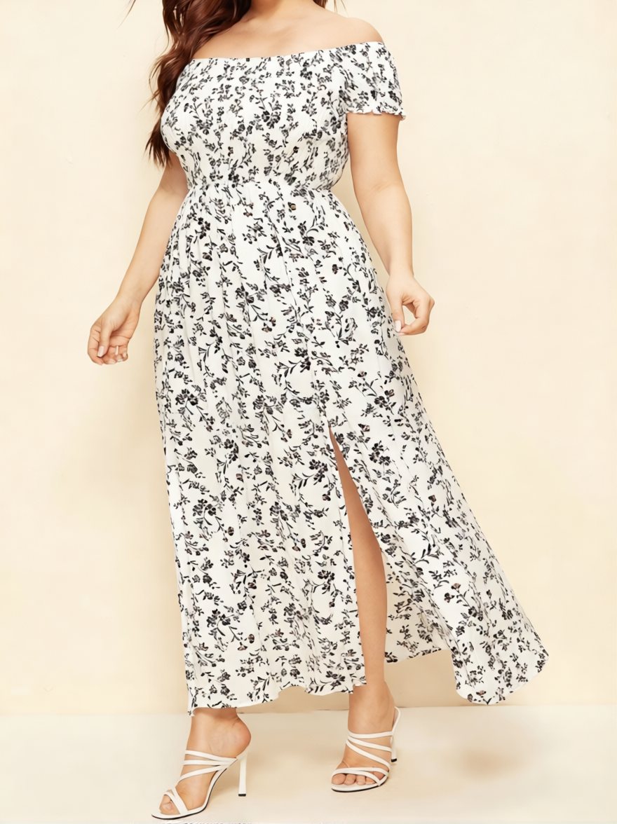Women’s Floral V-Neck Midi Dress with Side Slit