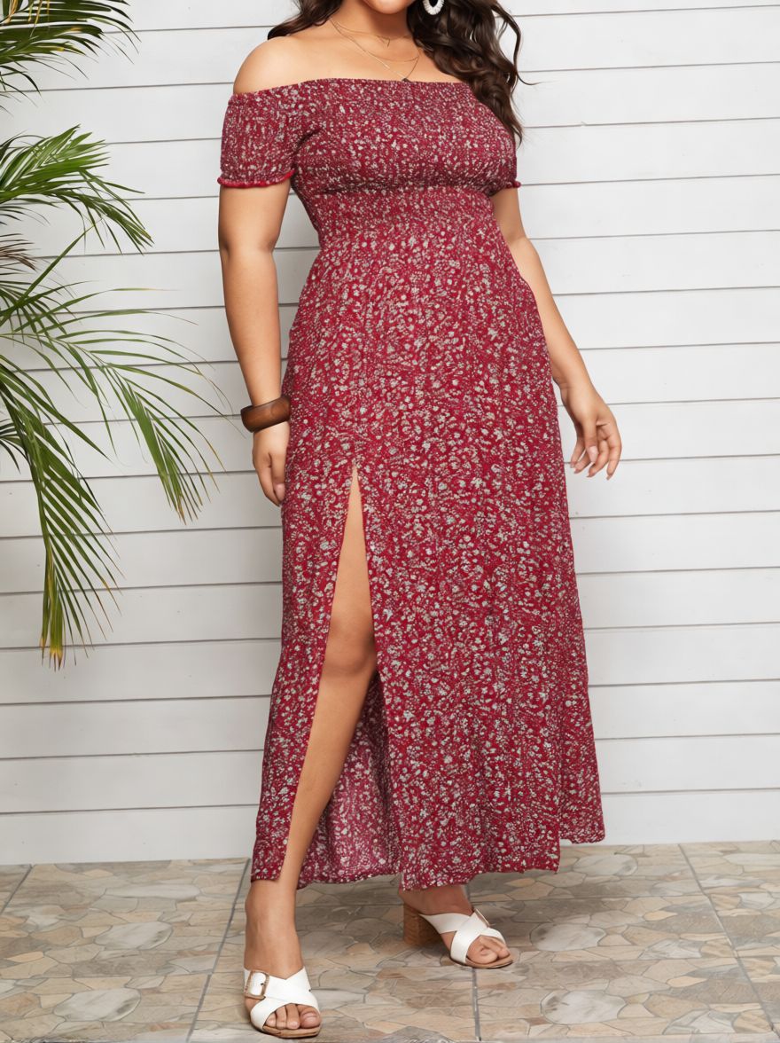 Women’s Floral V-Neck Midi Dress with Side Slit