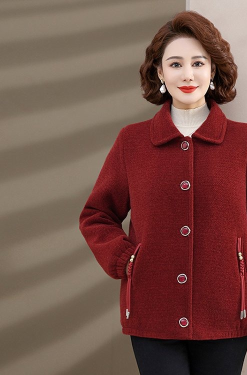 Woolen Coat for Women — Burgundy, Notched Collar, Front Zipper Pocket - image 2