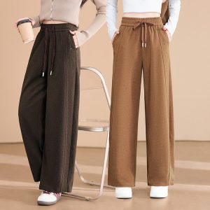 Wide-leg Trousers for Women — Dark Brown, Camel, Drawstring Waist - image 1