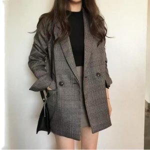 Tweed Blazer for Women — Gray Plaid, Double-breasted, Long Sleeves - image 1