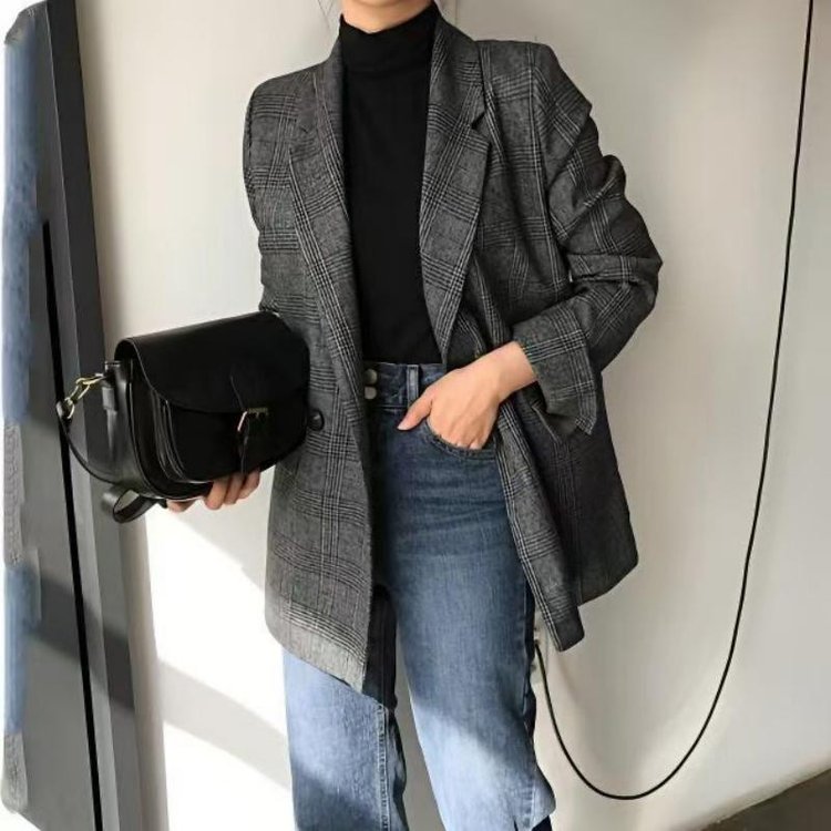 Tweed Blazer for Women — Gray Plaid, Double-breasted, Long Sleeves - image 2