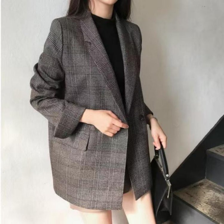 Tweed Blazer for Women — Gray Plaid, Double-breasted, Long Sleeves - image 3