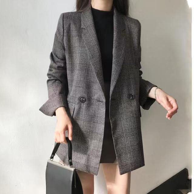Tweed Blazer for Women — Gray Plaid, Double-breasted, Long Sleeves - image 4
